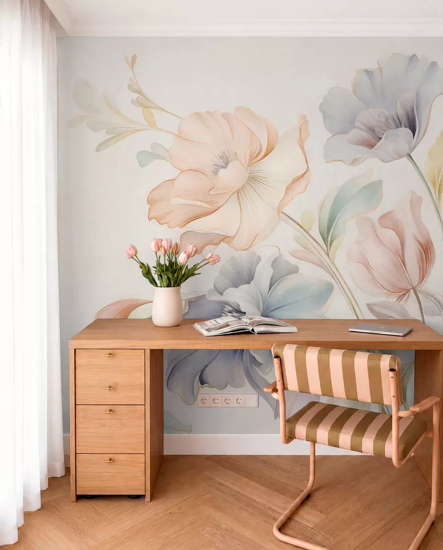 Fototapete Zarte Blumen in Pastelltönen von Rosa, Blau und Gelb mit grünen Blättern vor hellem Hintergrund w09898