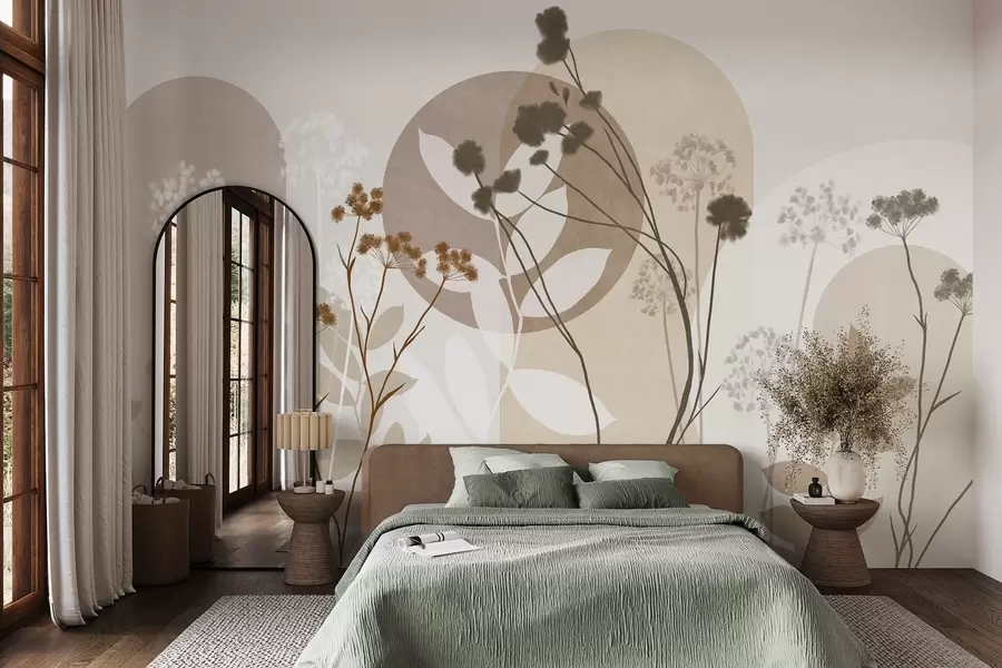 Fototapete Botanische und minimalistische Komposition aus getrockneten Blumen und Blättern mit abstrakten geometrischen Formen w09906