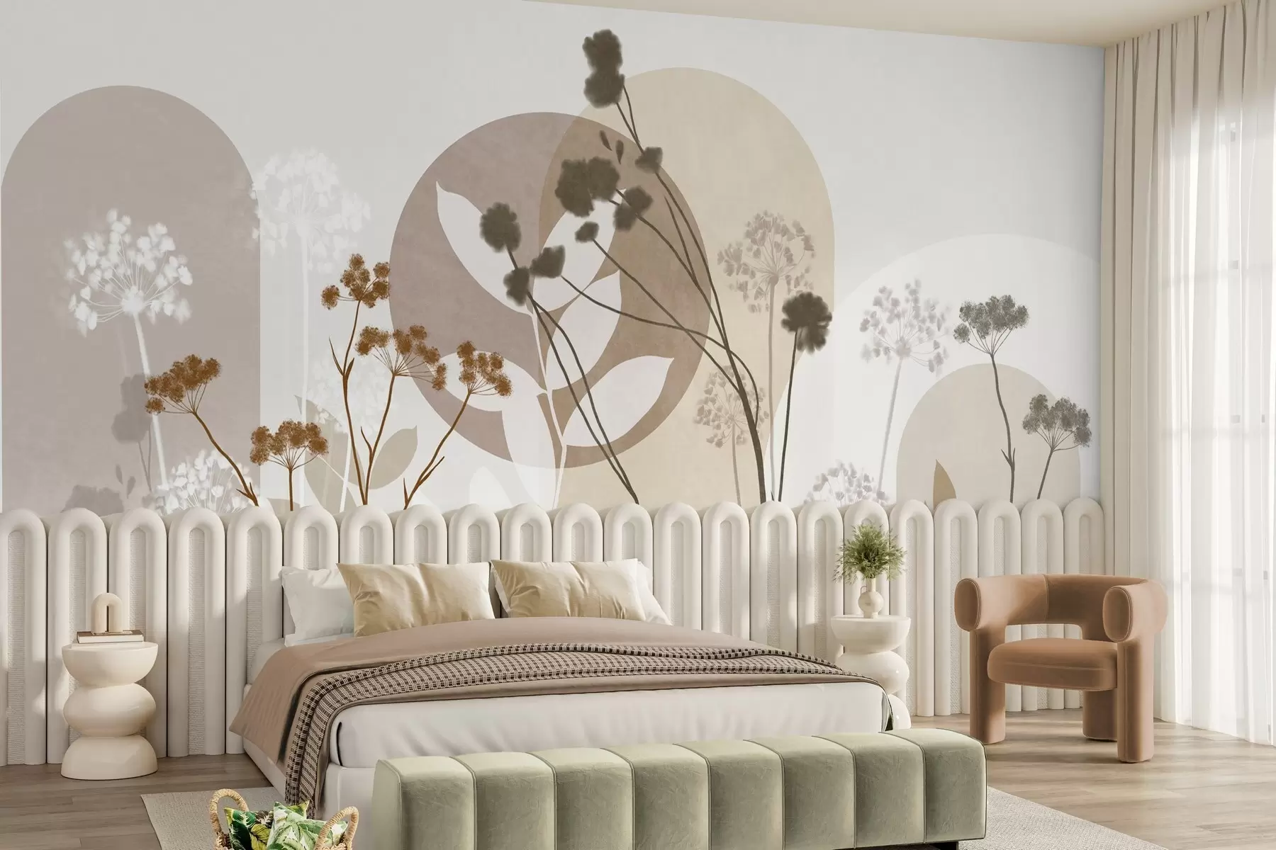Fototapete Botanische und minimalistische Komposition aus getrockneten Blumen und Blättern mit abstrakten geometrischen Formen w09906