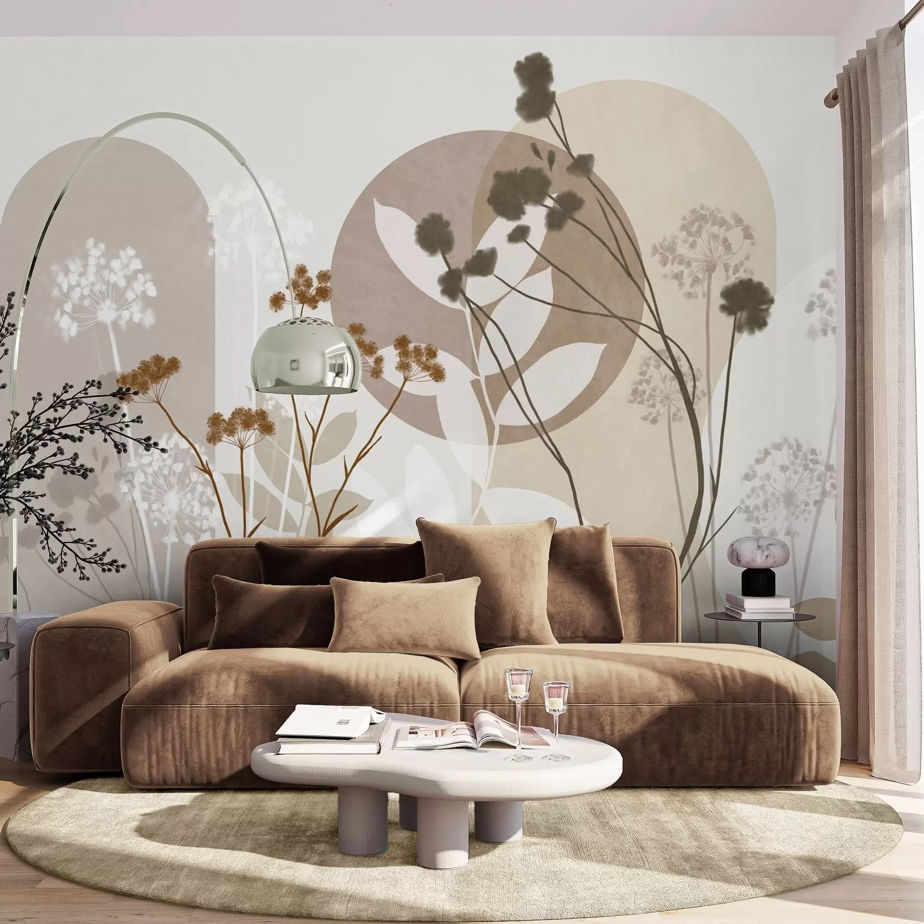 Fototapete Botanische und minimalistische Komposition aus getrockneten Blumen und Blättern mit abstrakten geometrischen Formen w09906