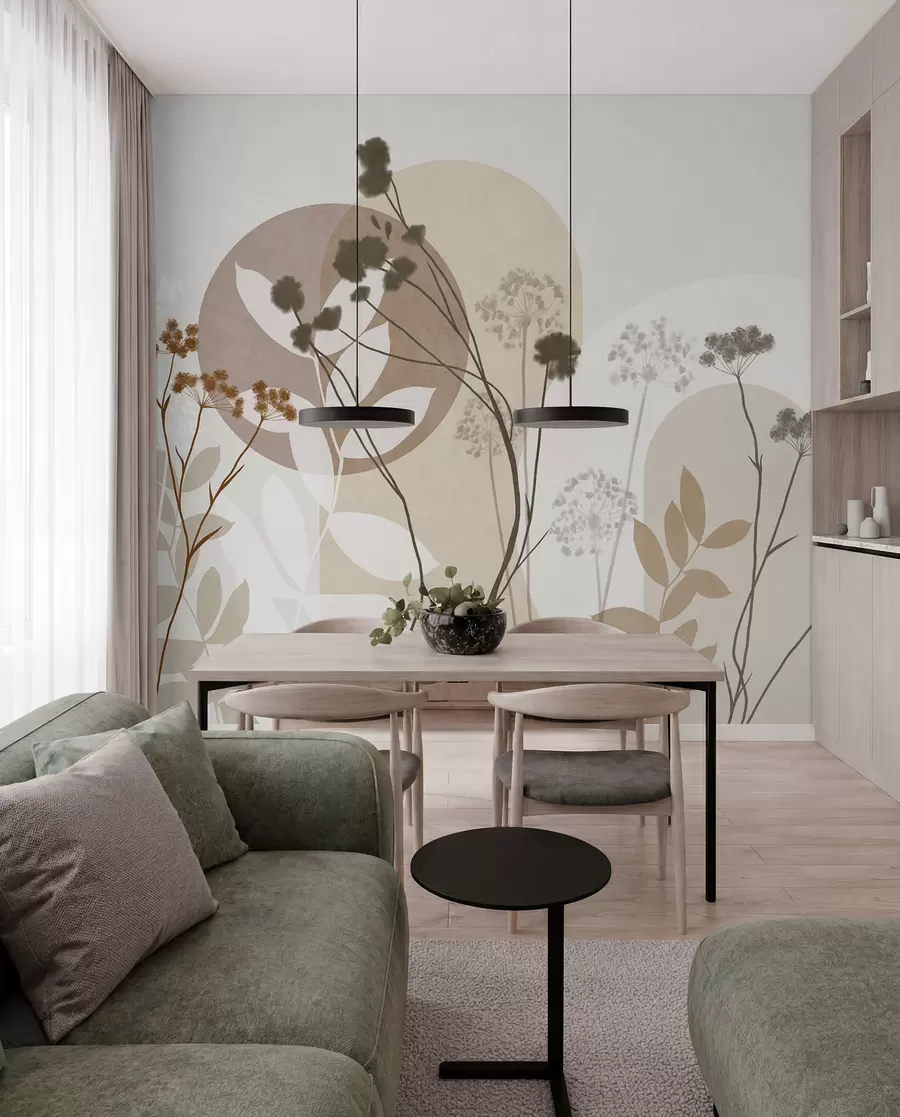 Fototapete Botanische und minimalistische Komposition aus getrockneten Blumen und Blättern mit abstrakten geometrischen Formen w09906