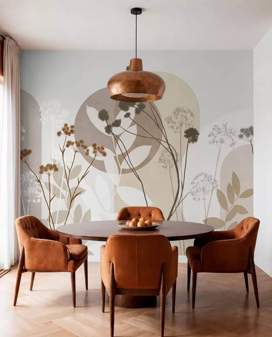 Fototapete Botanische und minimalistische Komposition aus getrockneten Blumen und Blättern mit abstrakten geometrischen Formen w09906