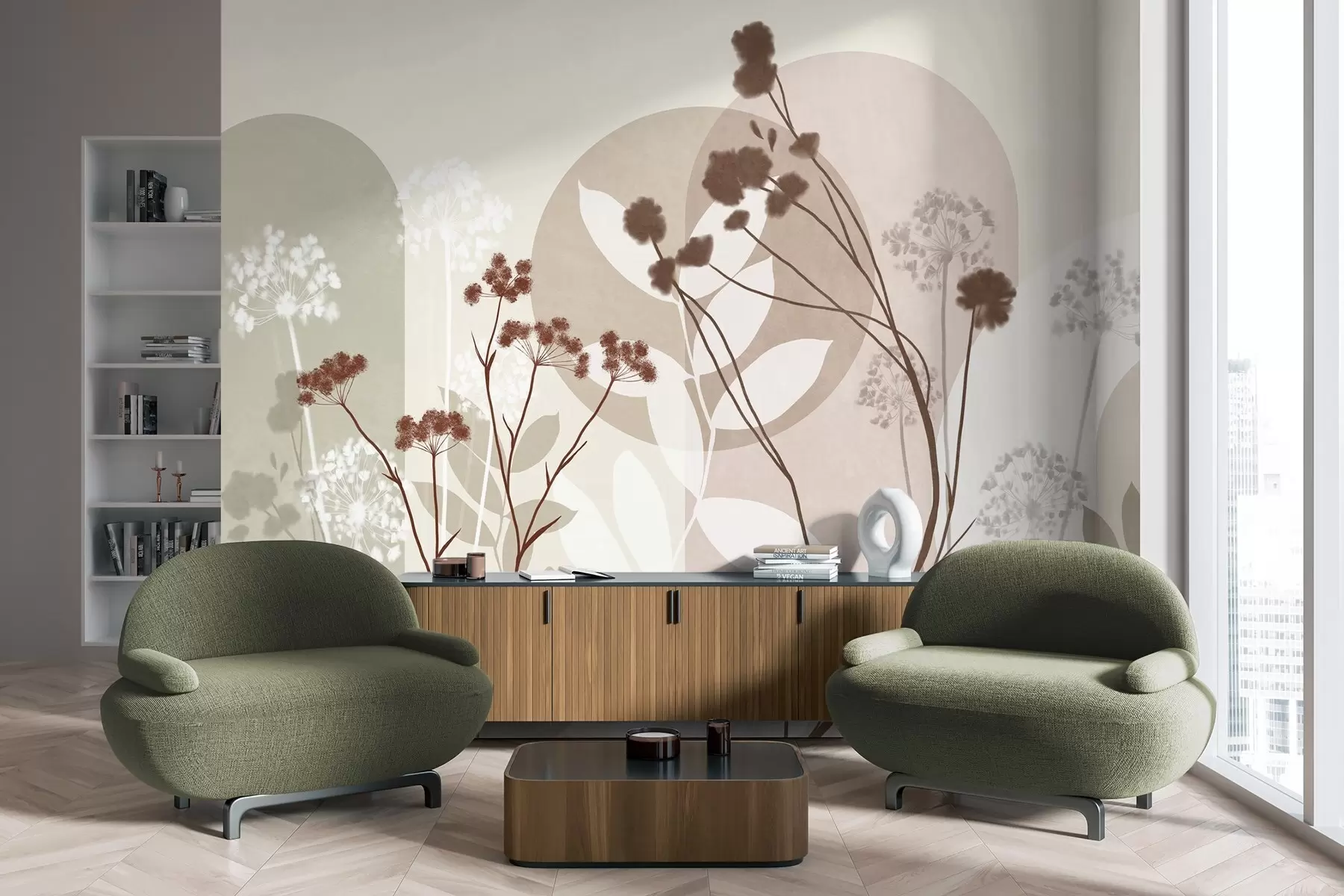 Fototapete Botanische und minimalistische Komposition aus getrockneten Blumen und Blättern mit abstrakten geometrischen Formen w09906v1
