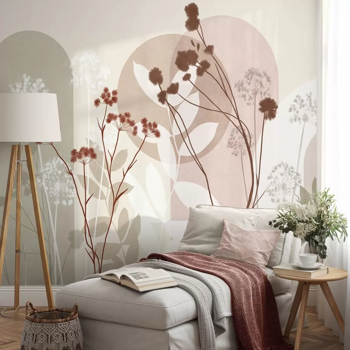 Fototapete Botanische und minimalistische Komposition aus getrockneten Blumen und Blättern mit abstrakten geometrischen Formen w09906v1