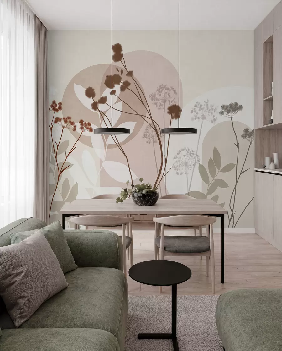 Fototapete Botanische und minimalistische Komposition aus getrockneten Blumen und Blättern mit abstrakten geometrischen Formen w09906v1