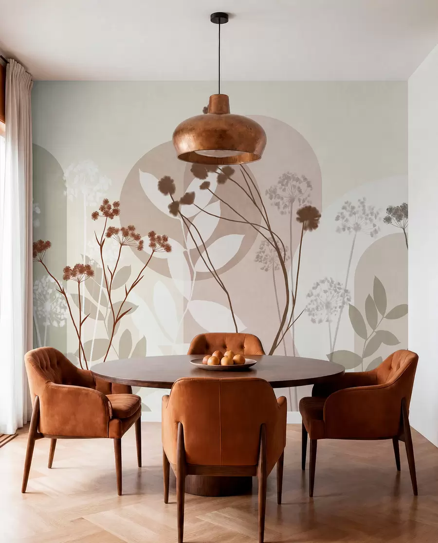 Fototapete Botanische und minimalistische Komposition aus getrockneten Blumen und Blättern mit abstrakten geometrischen Formen w09906v1