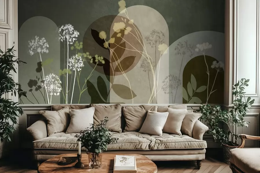 Fototapete Botanische und minimalistische Komposition aus getrockneten Blumen und Blättern mit abstrakten geometrischen Formen w09906v2