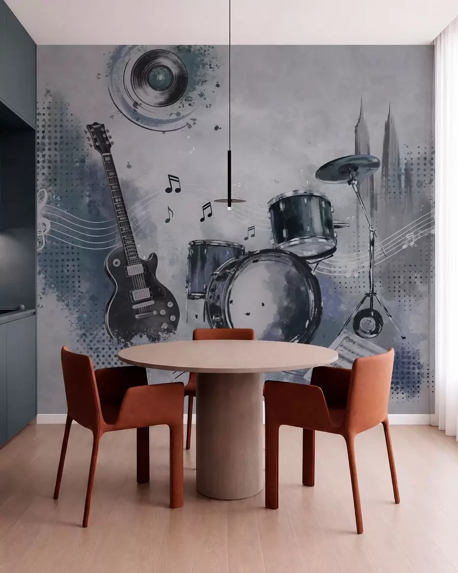 Fototapete Gitarre und Schlagzeug mit Noten w05546