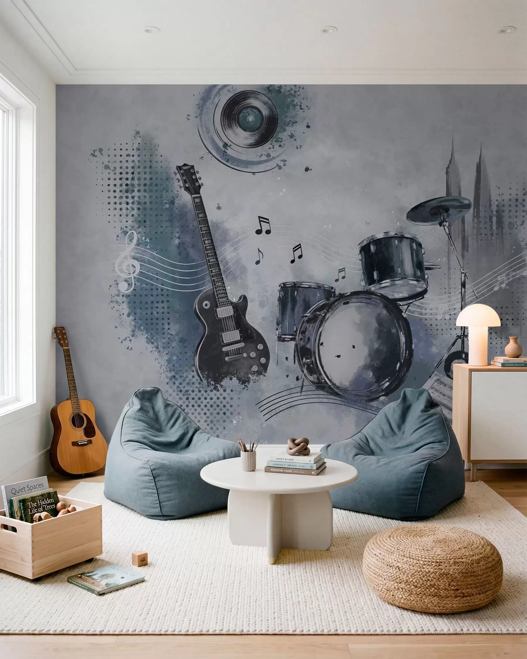 Fototapete Gitarre und Schlagzeug mit Noten w05546
