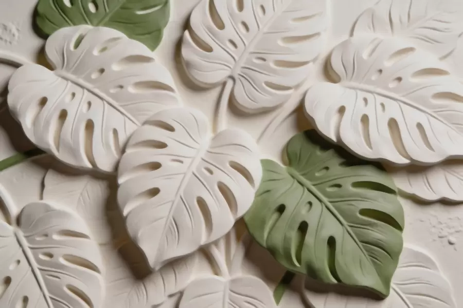 Fototapete Geprägte Monstera-Blätter in Creme- und Grüntönen w09883
