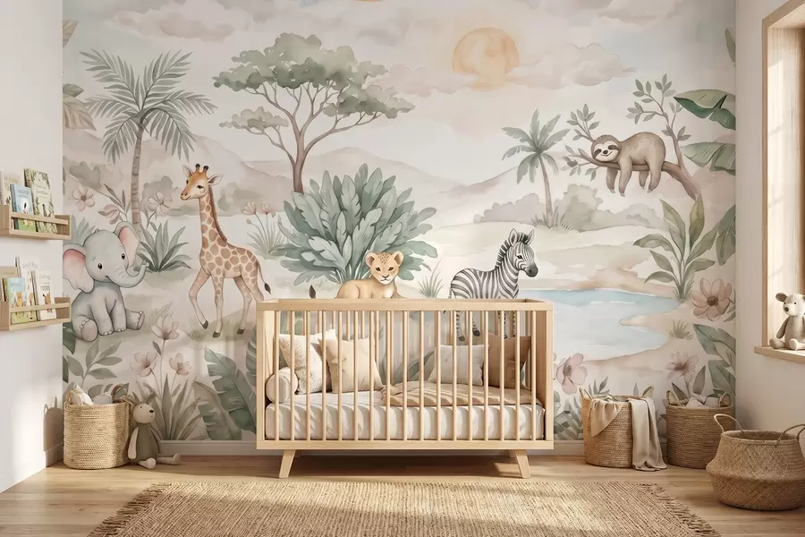 Fototapete Aquarellbild einer Safari-Szene mit Tieren in zarten Pastelltönen, darunter eine Giraffe, ein Elefantenbaby, ein Zebra und ein Löwenjunges w09888