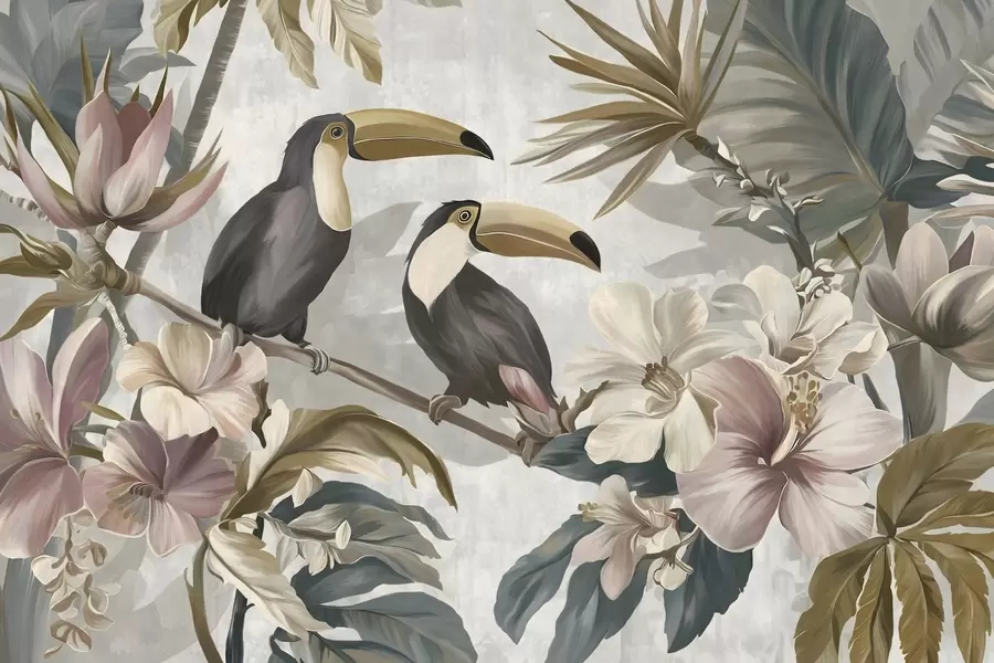 Fototapete ein Toucan-Paar inmitten tropischer Blumen und Blätter w05657