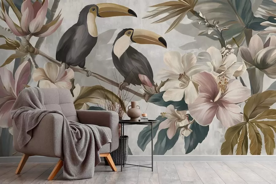 Fototapete ein Toucan-Paar inmitten tropischer Blumen und Blätter w05657