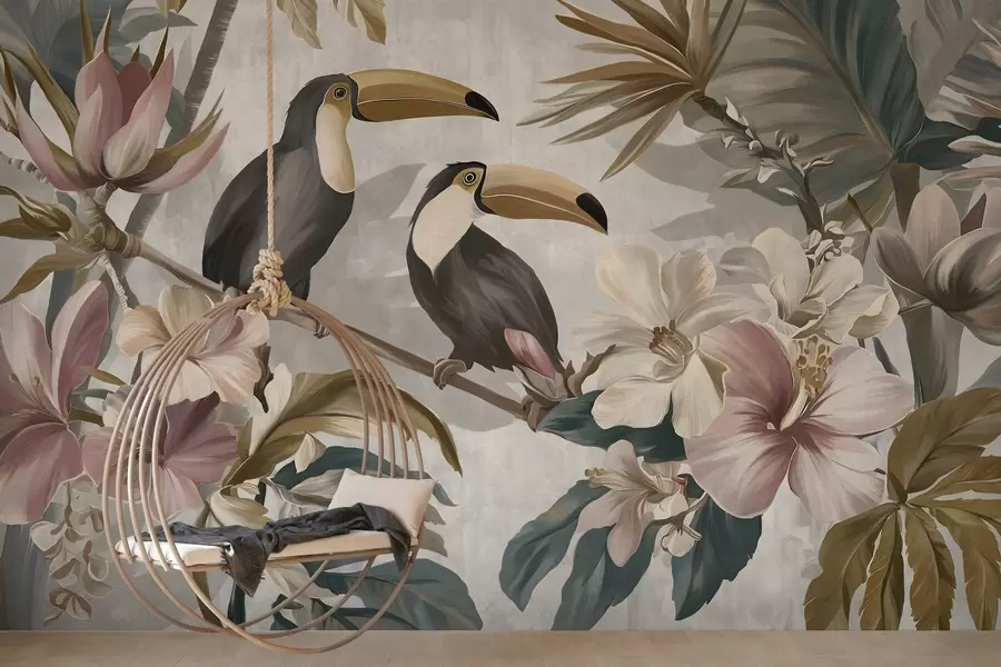 Fototapete ein Toucan-Paar inmitten tropischer Blumen und Blätter w05657