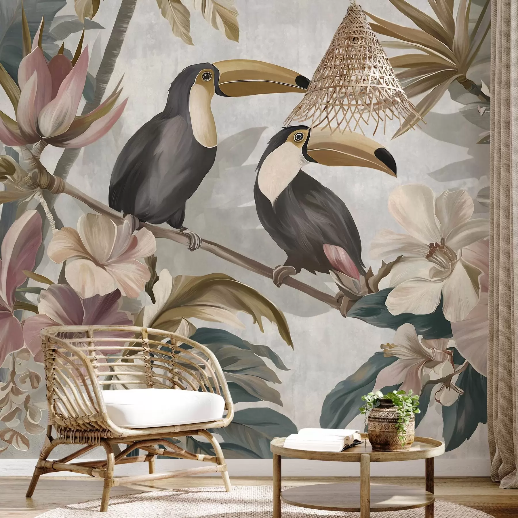 Fototapete ein Toucan-Paar inmitten tropischer Blumen und Blätter w05657