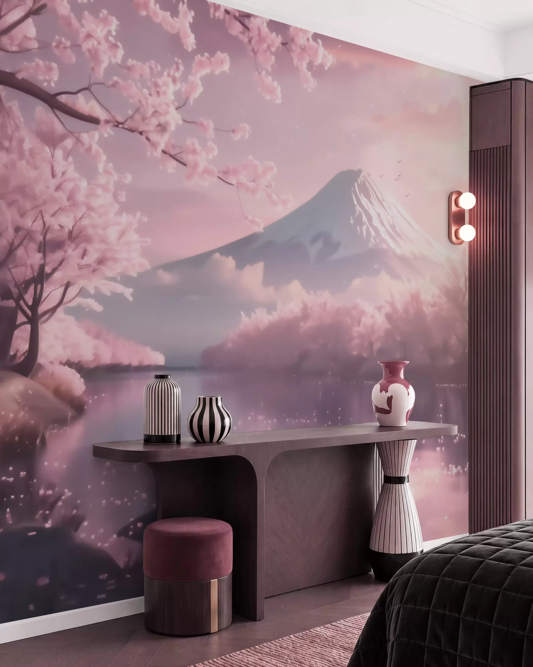 Fototapete Idyllische japanische Landschaft mit Kirschblüten und einem Bergsee bei Sonnenaufgang w09864