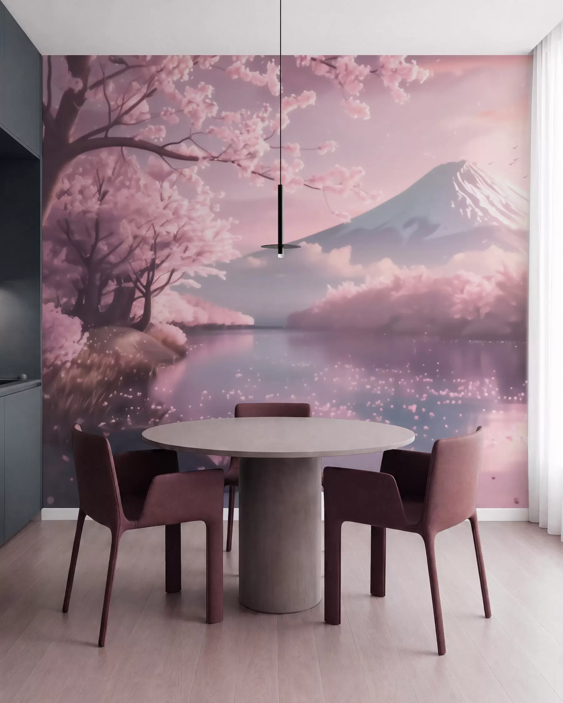 Fototapete Idyllische japanische Landschaft mit Kirschblüten und einem Bergsee bei Sonnenaufgang w09864