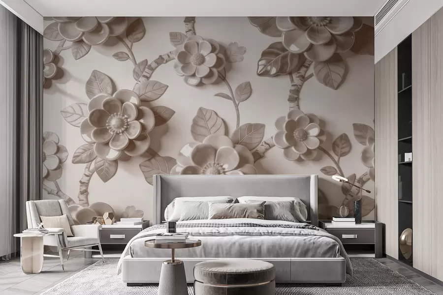 Fototapete Elegantes, beiges Arrangement aus plastisch gestalteten, dreidimensionalen Blumen w09887v1