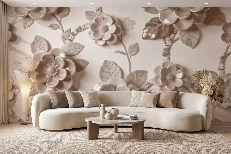 Fototapete Elegantes, beiges Arrangement aus plastisch gestalteten, dreidimensionalen Blumen w09887v1