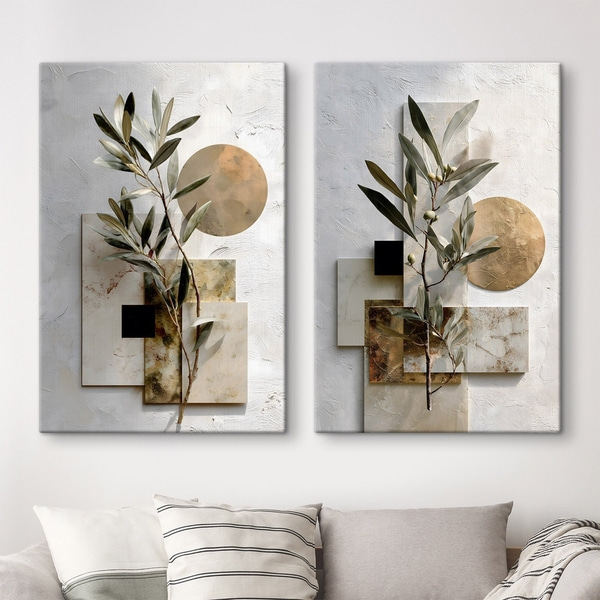 Wandbild eine abstrakte Komposition mit einem Olivenzweig und geometrischen Formen, Wandbilder Mehrteilig, m30618 : Uwalls.at