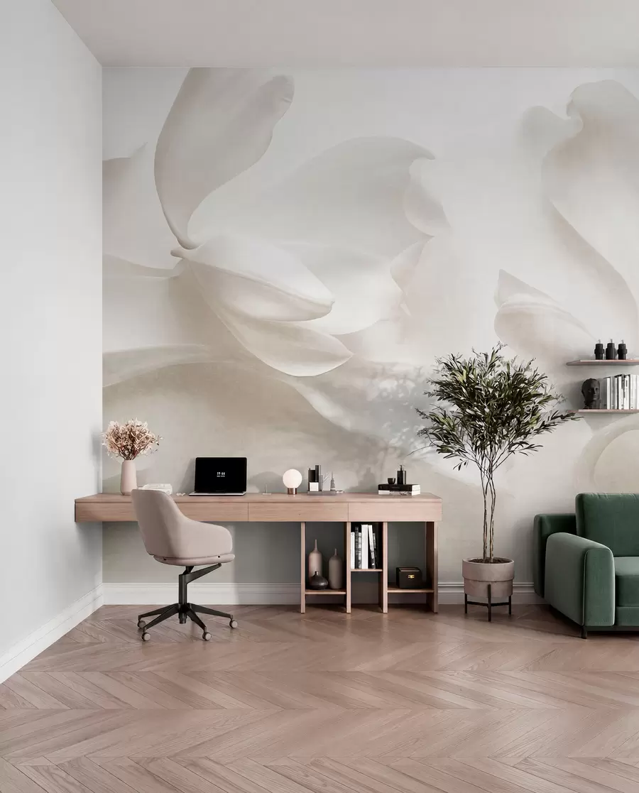 Fototapete Strukturierte weiße Magnolienblüten mit zarten Blütenblättern vor einem verschwommenen, hellen Hintergrund w09771