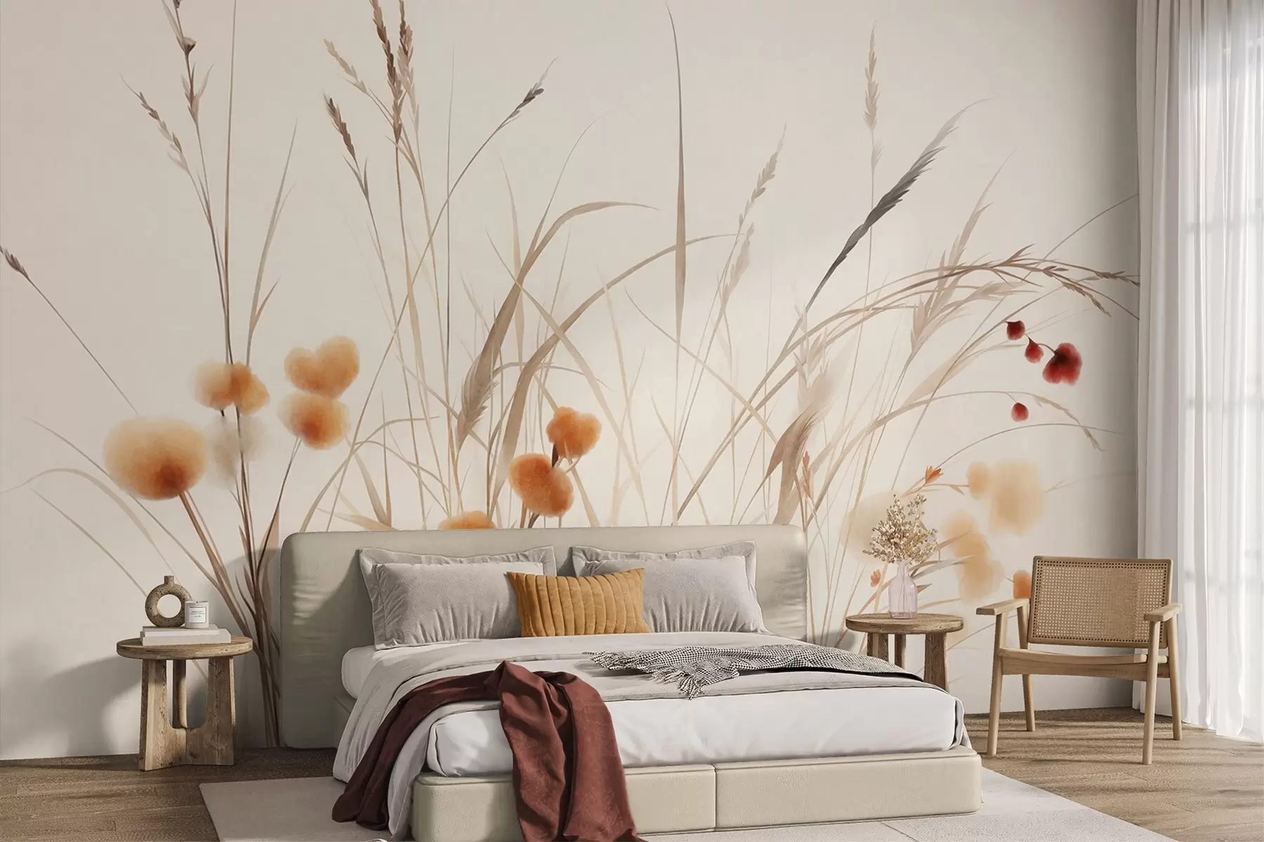 Fototapete Hohe Gräser und kleine orangefarbene Wildblumen vor einem blassen Hintergrund, strukturierter Boho-Stil w09902