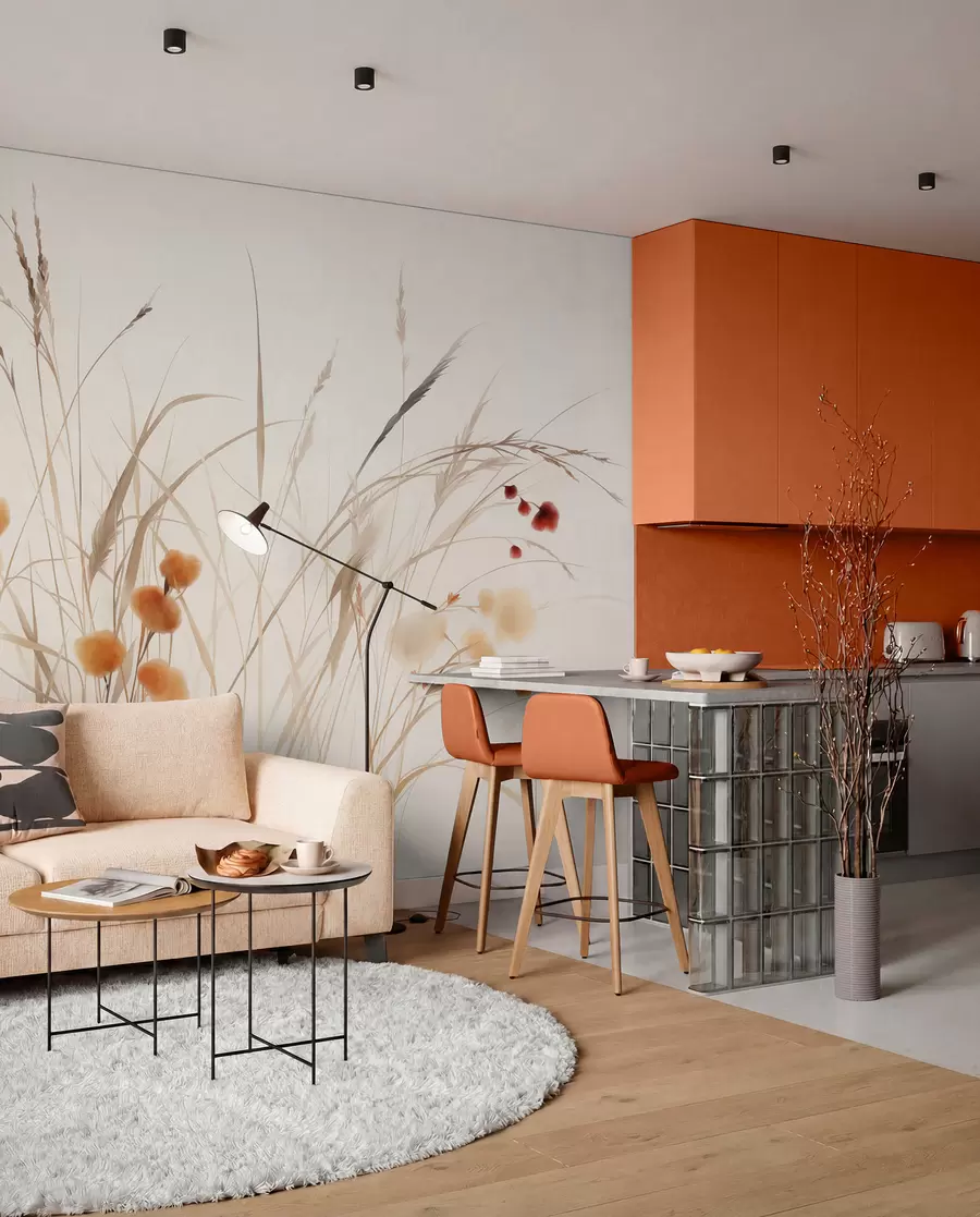 Fototapete Hohe Gräser und kleine orangefarbene Wildblumen vor einem blassen Hintergrund, strukturierter Boho-Stil w09902