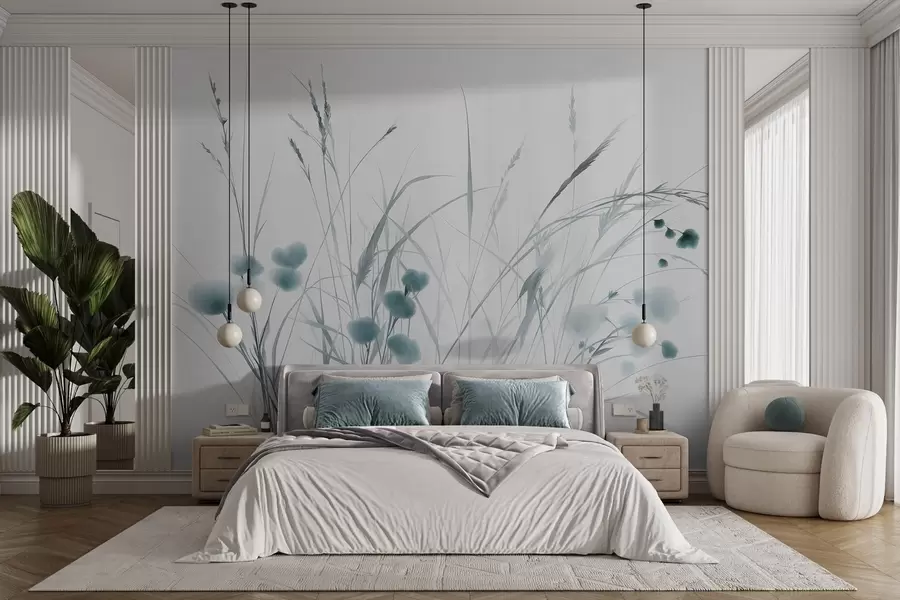 Fototapete Hohe Gräser und kleine blaue Wildblumen vor einem blassen Hintergrund, strukturierter Boho-Stil w09902v1