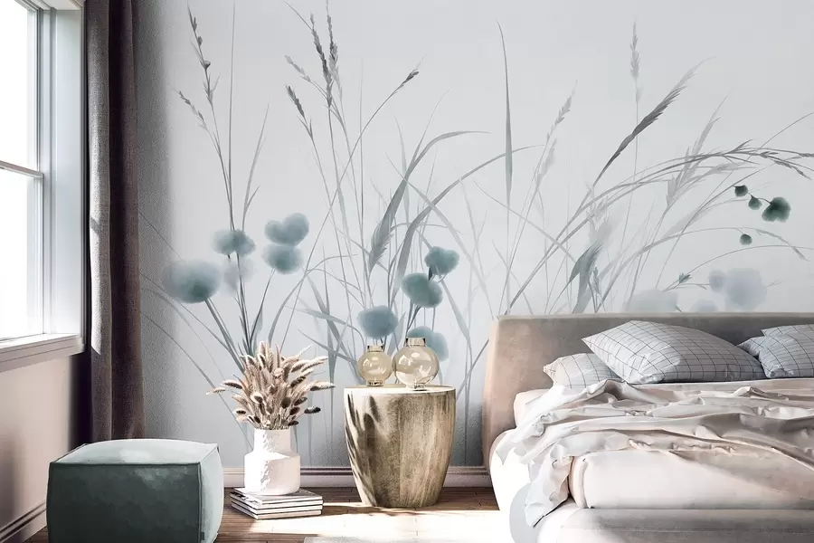 Fototapete Hohe Gräser und kleine blaue Wildblumen vor einem blassen Hintergrund, strukturierter Boho-Stil w09902v1