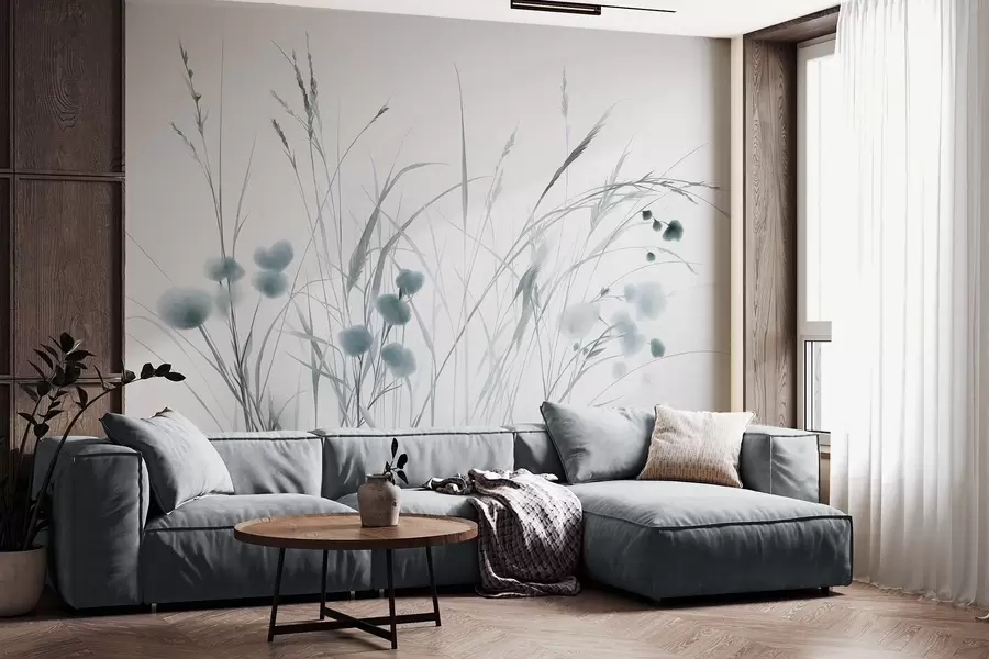 Fototapete Hohe Gräser und kleine blaue Wildblumen vor einem blassen Hintergrund, strukturierter Boho-Stil w09902v1