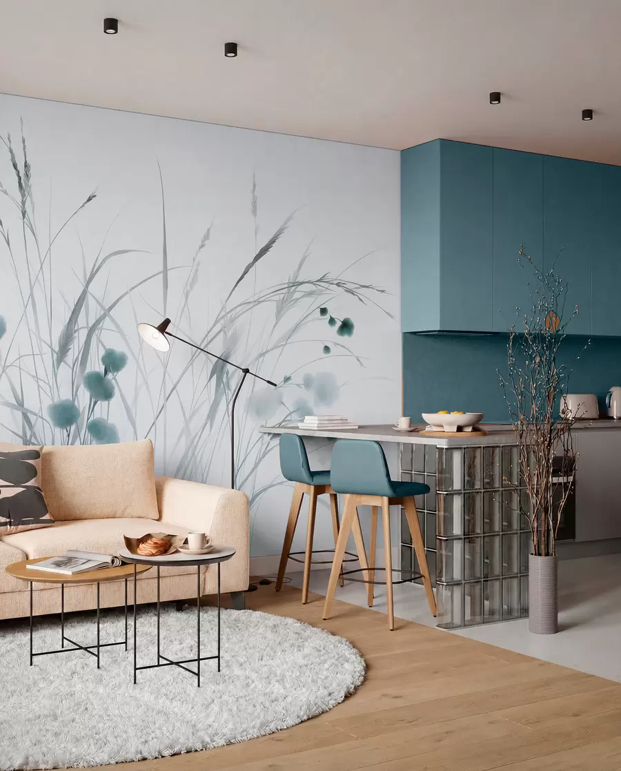 Fototapete Hohe Gräser und kleine blaue Wildblumen vor einem blassen Hintergrund, strukturierter Boho-Stil w09902v1