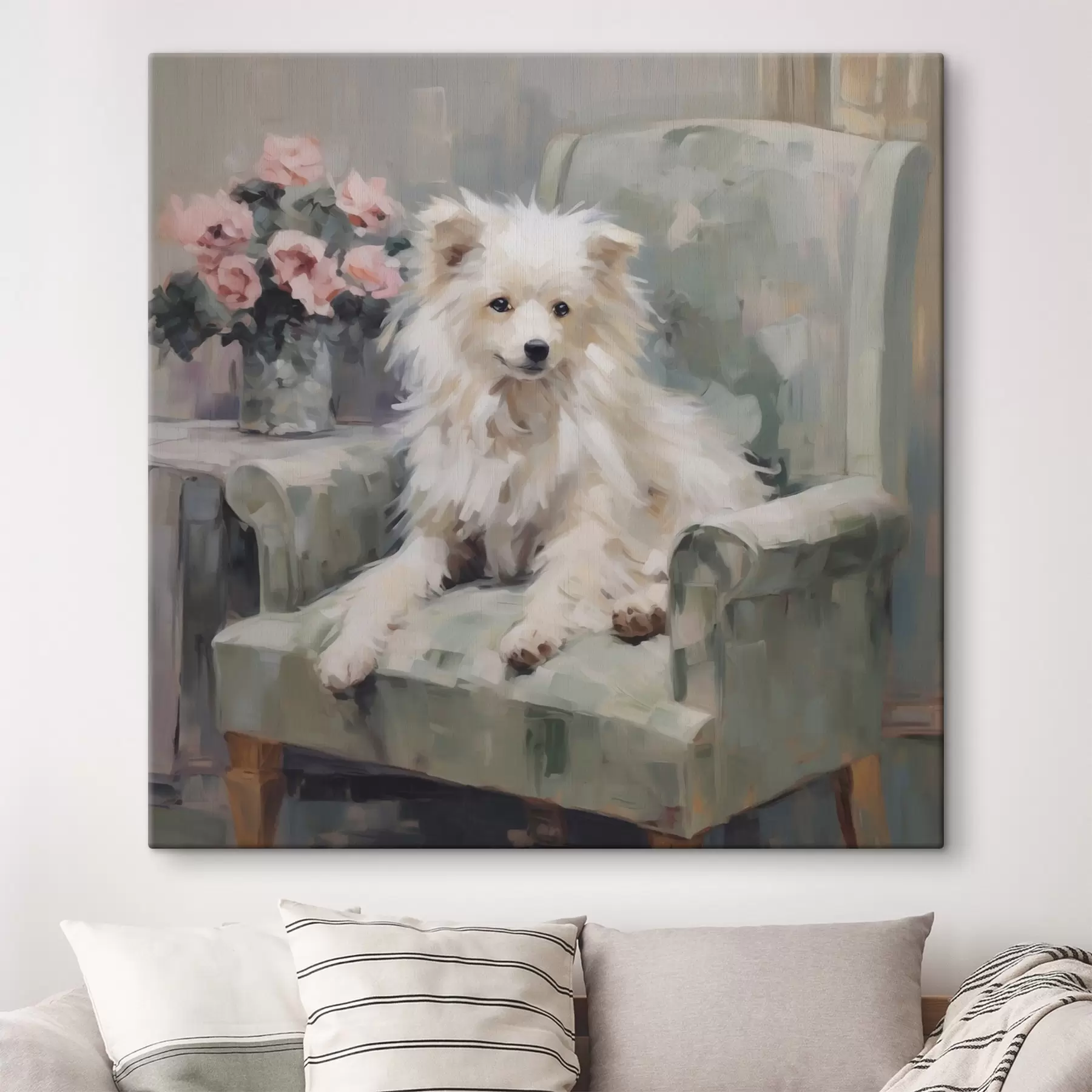Wandbilder Ein kleiner Hund auf einem Stuhl, Gemäldeimitation s49597