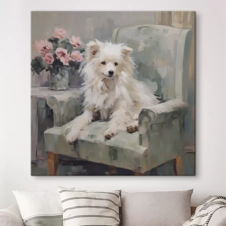 Wandbilder Ein kleiner Hund auf einem Stuhl, Gemäldeimitation s49597