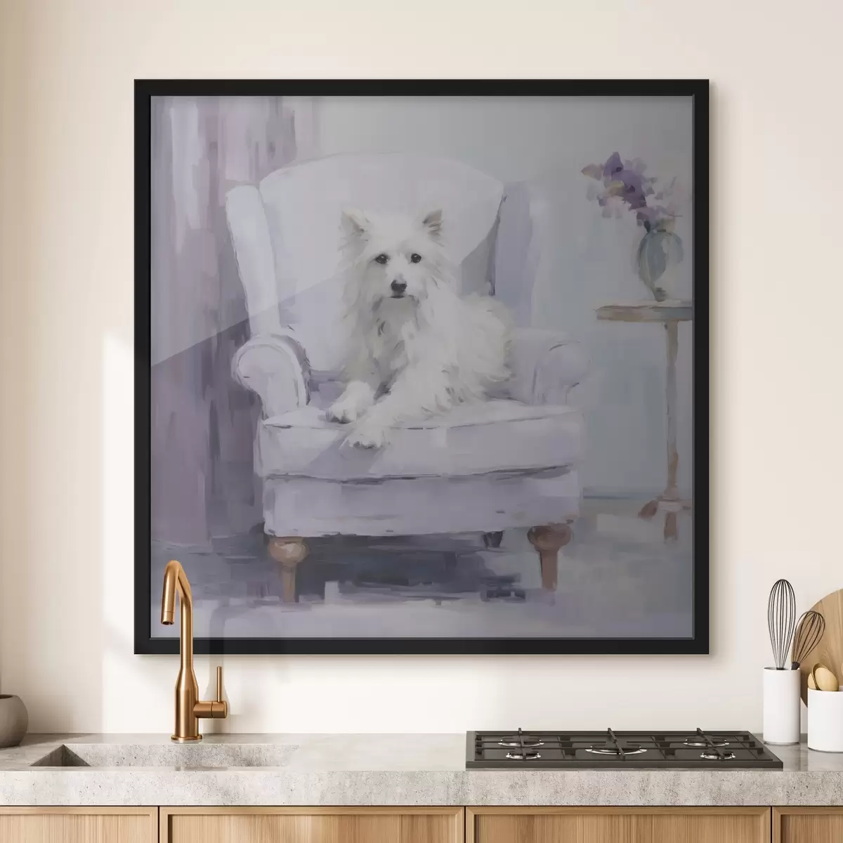 Poster Ein Hund auf einem Stuhl, Gemäldeimitation f49596