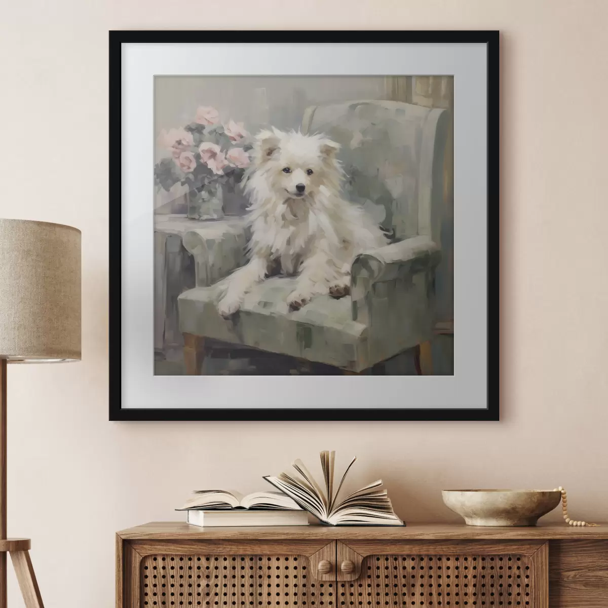Poster Ein kleiner Hund auf einem Stuhl, Gemäldeimitation f49597