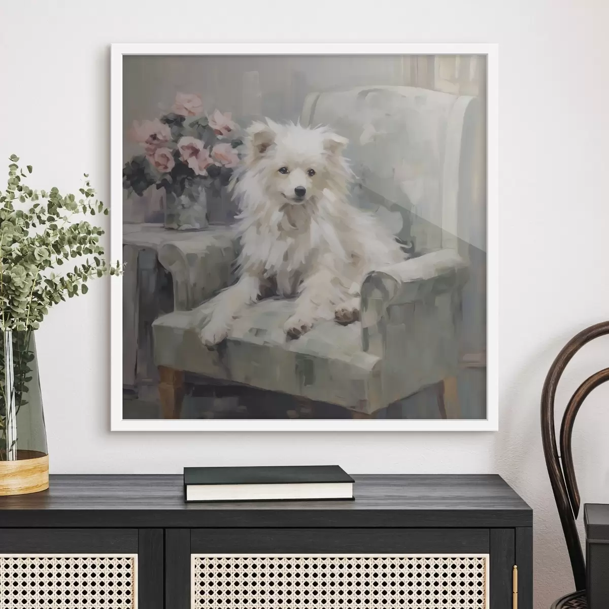 Poster Ein kleiner Hund auf einem Stuhl, Gemäldeimitation f49597