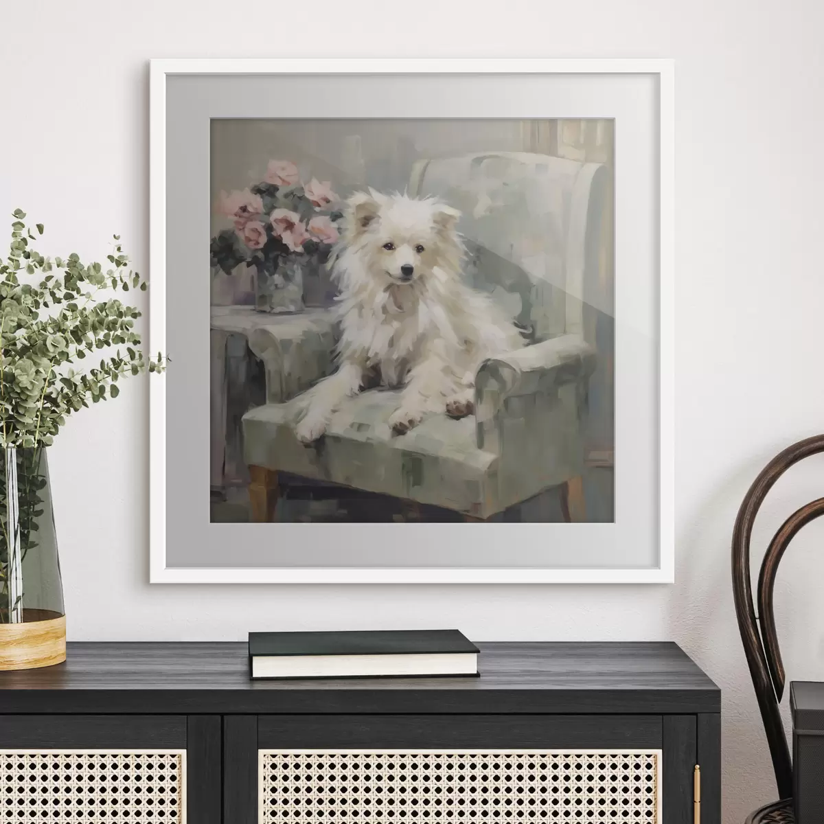 Poster Ein kleiner Hund auf einem Stuhl, Gemäldeimitation f49597