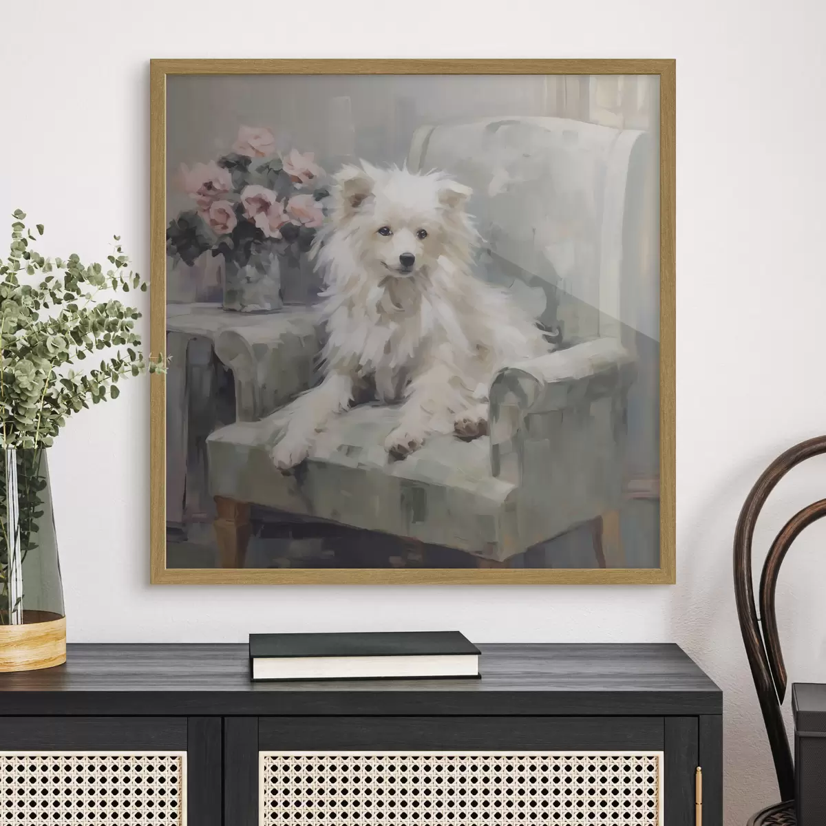 Poster Ein kleiner Hund auf einem Stuhl, Gemäldeimitation f49597