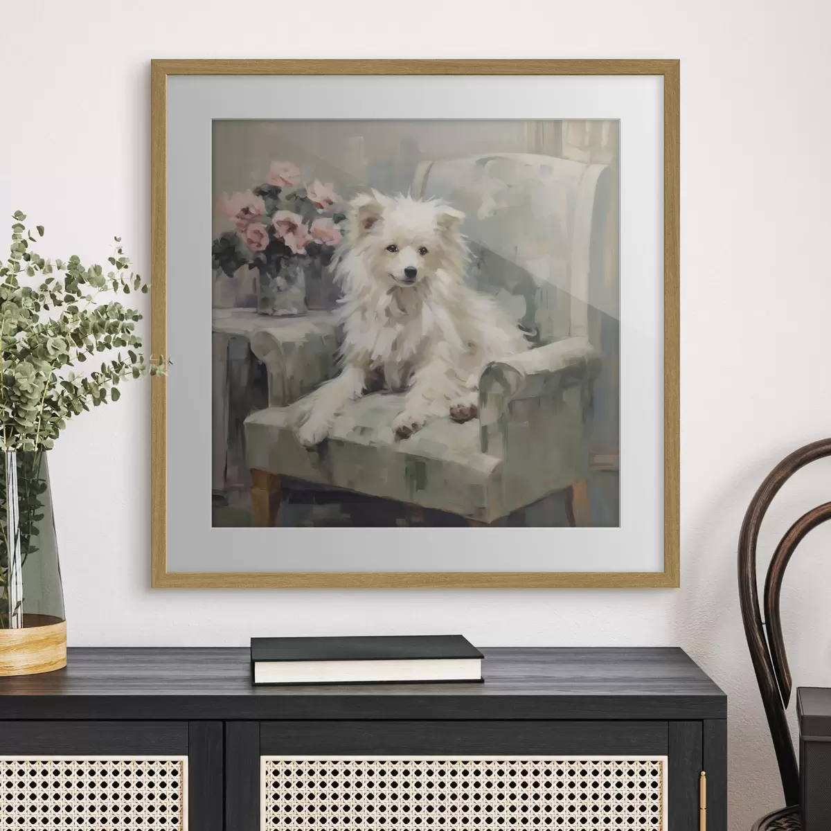 Poster Ein kleiner Hund auf einem Stuhl, Gemäldeimitation f49597