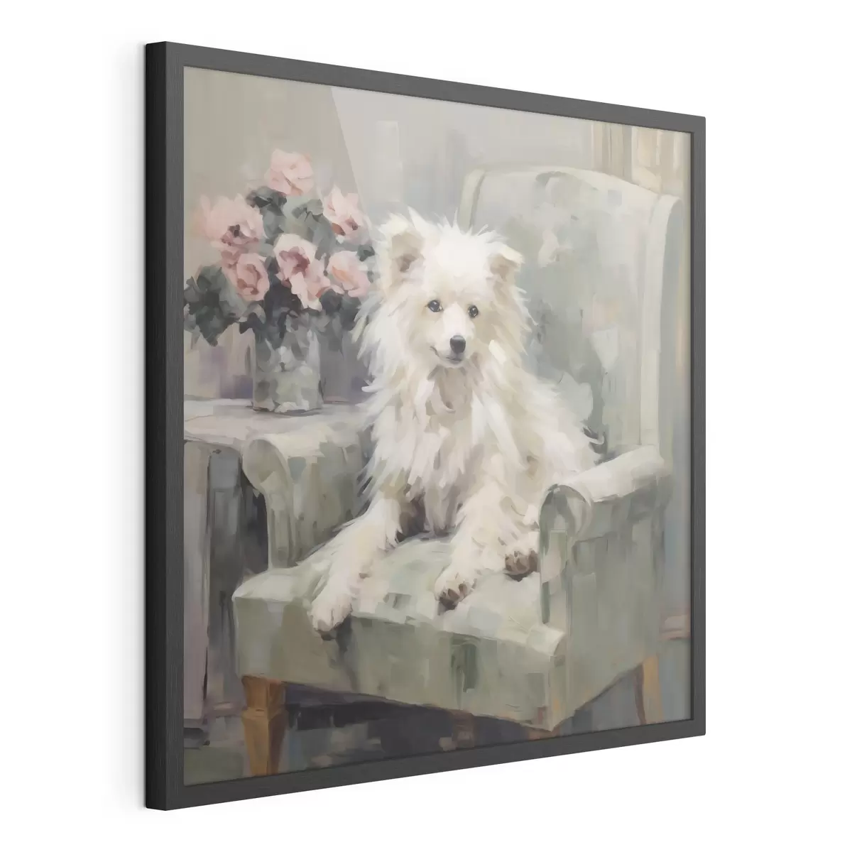 Poster Ein kleiner Hund auf einem Stuhl, Gemäldeimitation f49597