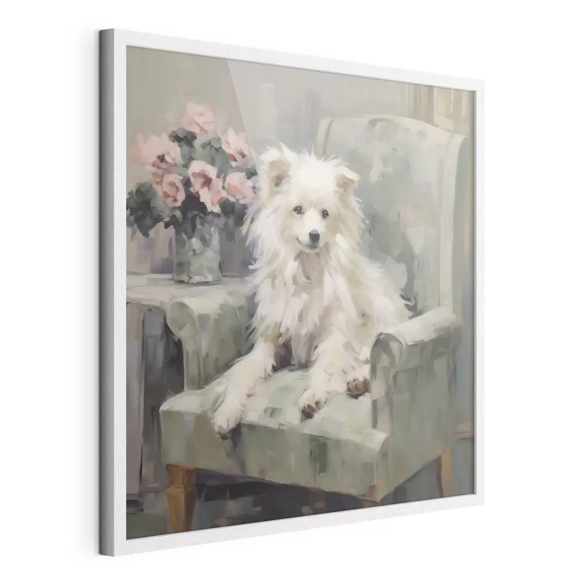 Poster Ein kleiner Hund auf einem Stuhl, Gemäldeimitation f49597