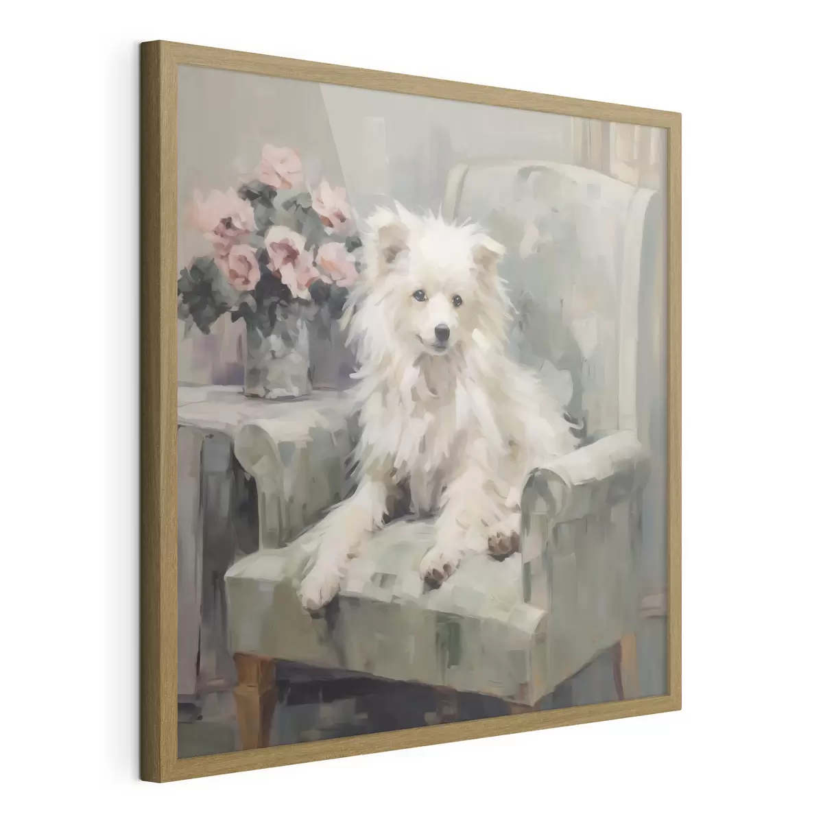 Poster Ein kleiner Hund auf einem Stuhl, Gemäldeimitation f49597