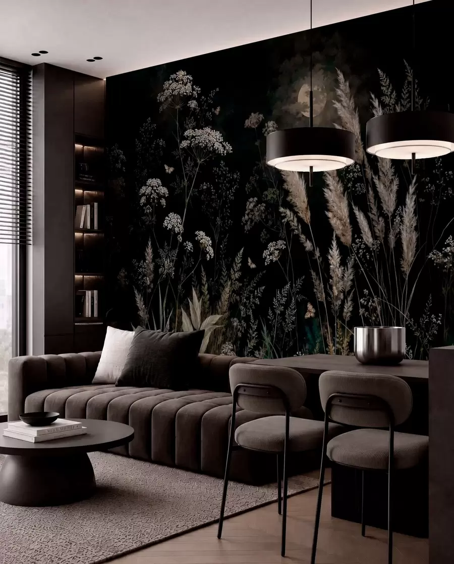 Fototapete Mondbeschienene Wiese mit Wildgräsern und Blumen w05701