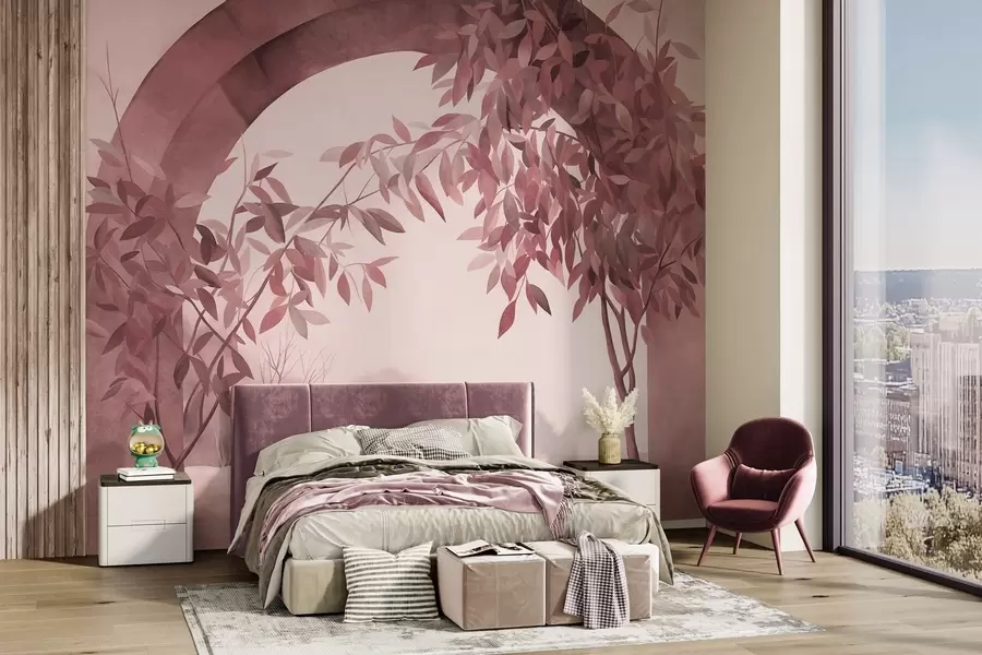 Fototapete Ein Bogen mit einer Landschaft, Bäumen und Laub in gedämpften Rosa- und Grautönen, strukturierte Kunst w09907v1