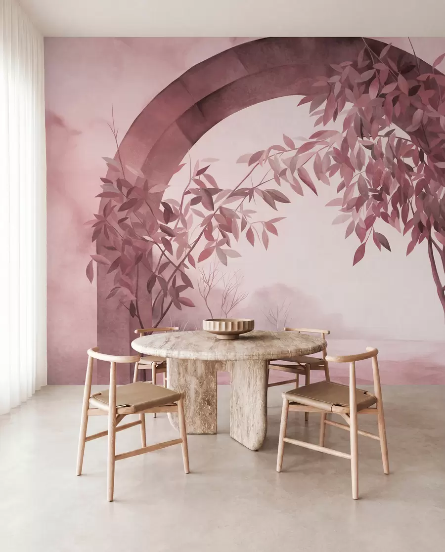 Fototapete Ein Bogen mit einer Landschaft, Bäumen und Laub in gedämpften Rosa- und Grautönen, strukturierte Kunst w09907v1