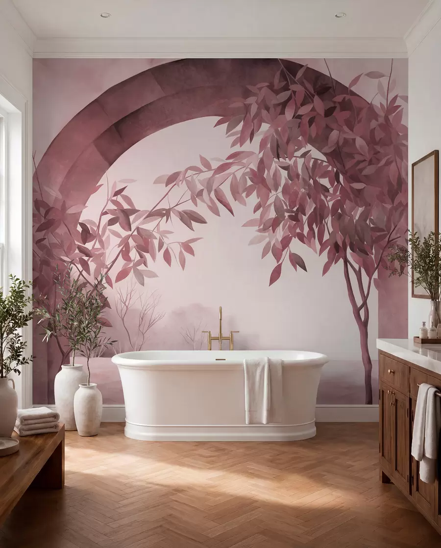 Fototapete Ein Bogen mit einer Landschaft, Bäumen und Laub in gedämpften Rosa- und Grautönen, strukturierte Kunst w09907v1