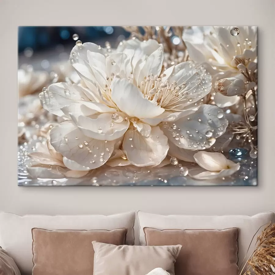 Wandbilder Nahaufnahme einer weißen Blume mit Wassertropfen s49355