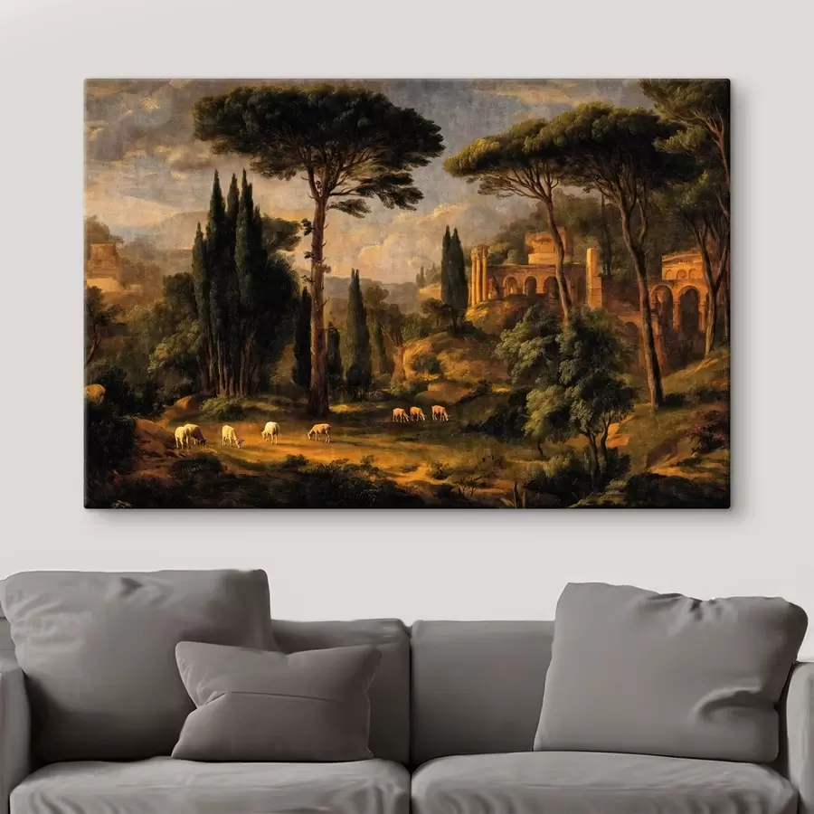 Wandbilder Klassische Landschaft mit Bäumen, Ruinen und Schafen s49674
