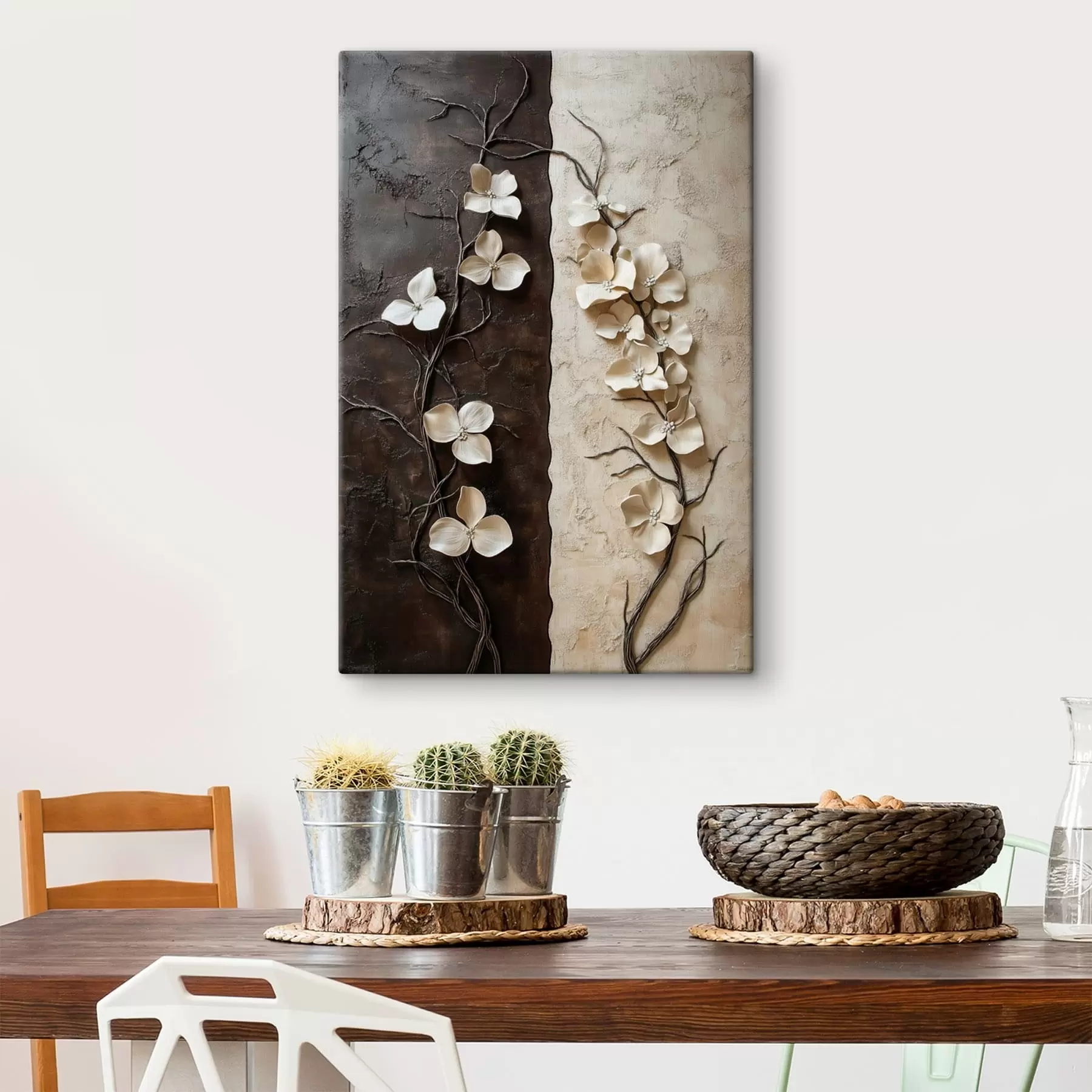 Wandbilder Geprägte Blumen auf einem kontrastierenden, strukturierten Hintergrund s49688