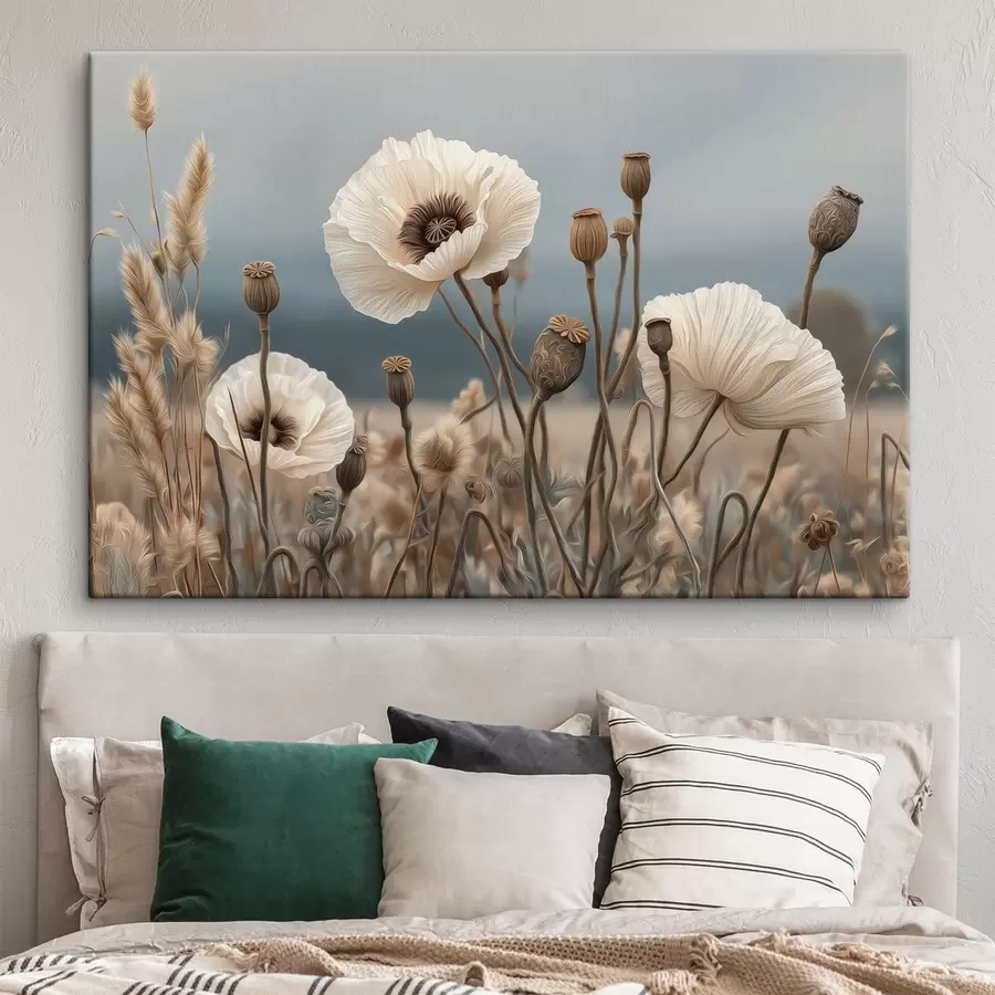 Wandbilder Helle Mohnblumen mit Samenkapseln s49691